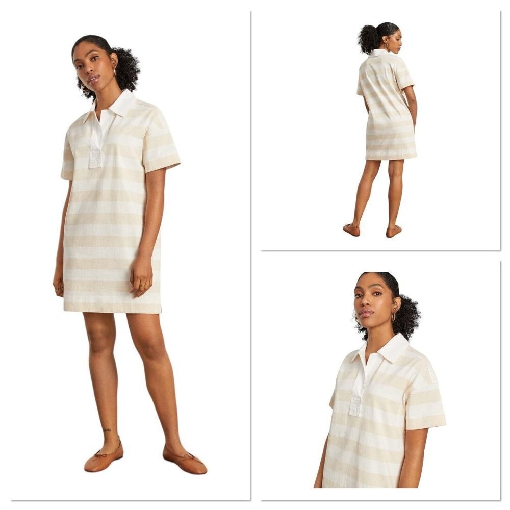 Everlane The Organic Cotton Polo Dress Short Sleeve Beige Striped Size Medium